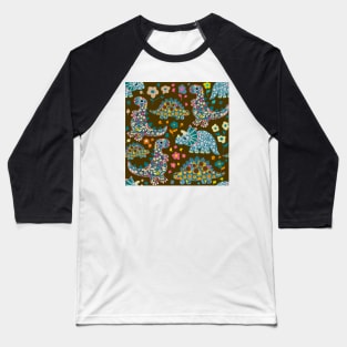 Vintage floral fabric dinosaurs with daisies on brown background Baseball T-Shirt